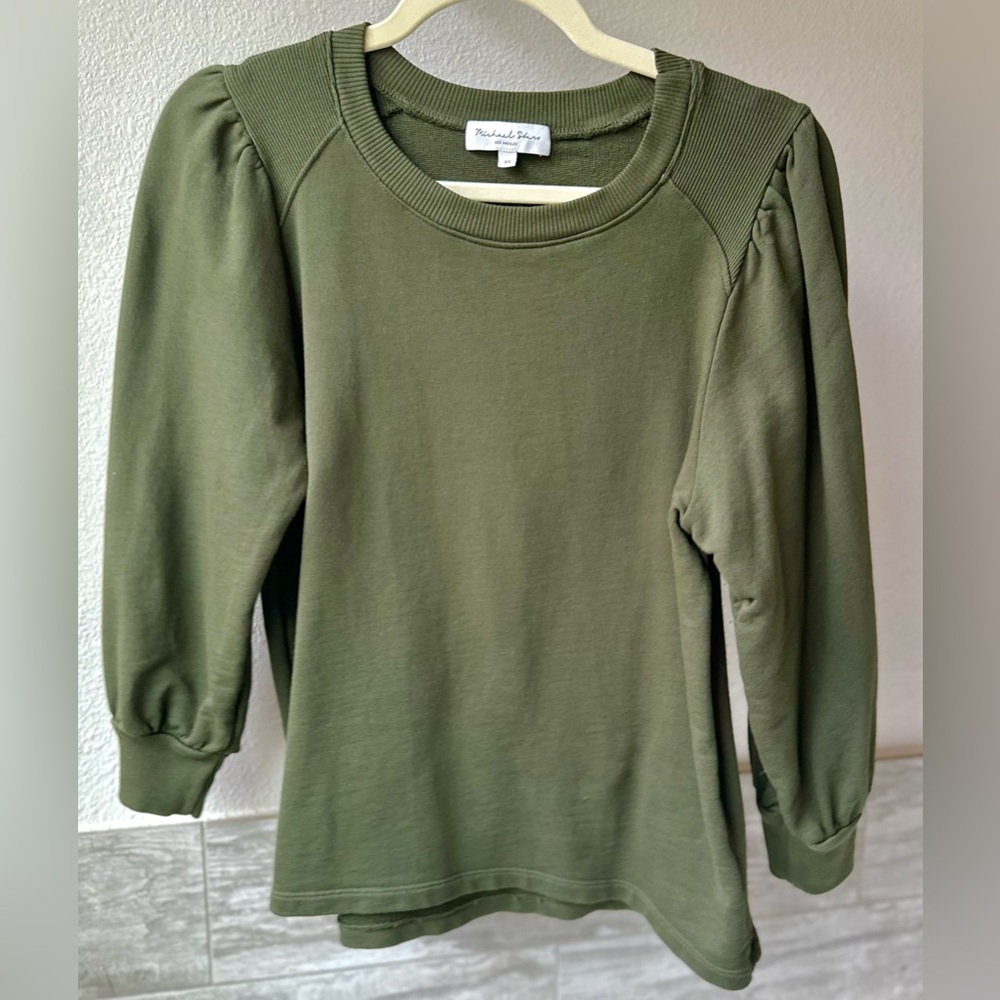 NWOT Michael Stars Puff Sleeve 100% Cotton Tarragon Olive Green 3/4 Sleeve Top